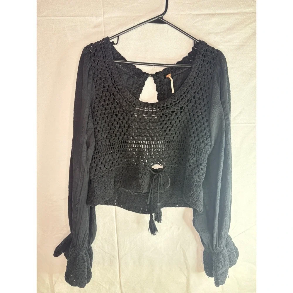 Free People Black Crochet Knit Long Sleeve Open Back Tie Crop Top Women's M